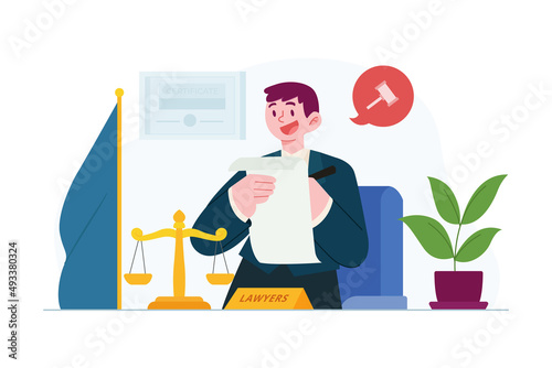 Lawyer concept vector Illustration idea for landing page template, Justice, weights and lawyer hammer symbol, equality and freedom measurement, punishment, social protection.  Hand drawn Flat Style
