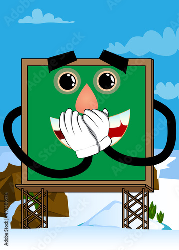 Billboard with hands over mouth. Cute cartoon advertisement sign, banner character.