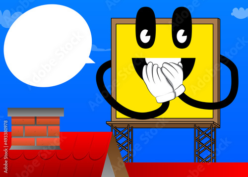 Billboard with hands over mouth. Cute cartoon advertisement sign, banner character.