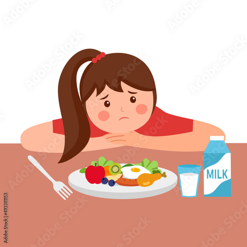 Girl child feel not hungry concept vector illustration on white background. Kids unable to eat. No appetite.