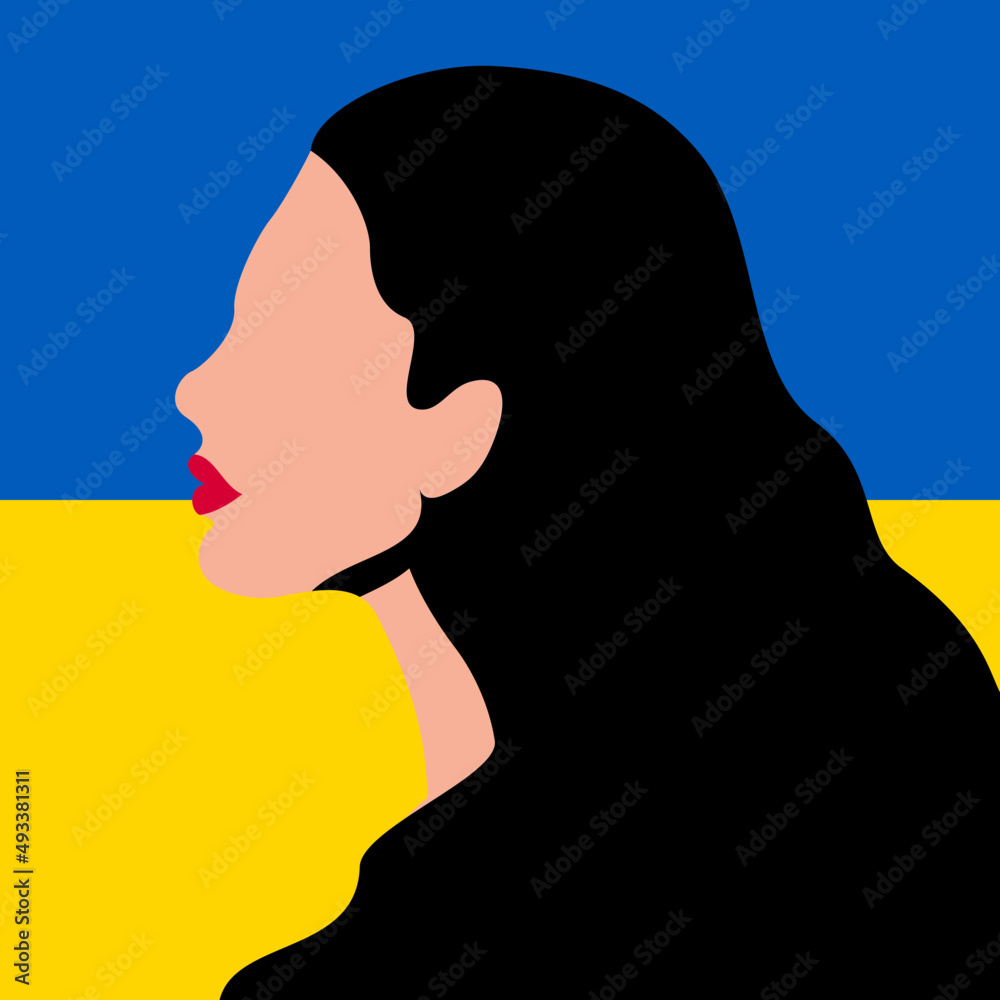 Profil kobiety z czarnymi włosami. Modlitwa za Ukrainę. Kobieca sylwetka na tle ukraińskiej flagi. "Nie" dla wojny. - obrazy, fototapety, plakaty 
