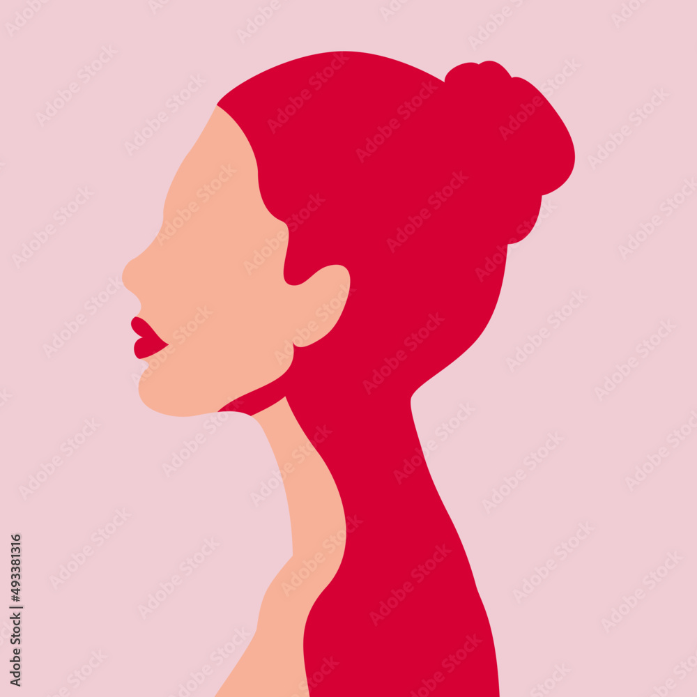 Kobieca sylwetka na różowym tle. Dziewczyna z włosami upiętymi w kok i czerwonymi ustami z profilu. Feminizm, kobieca siła, self care i ciało pozytywność. - obrazy, fototapety, plakaty 