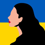 Profil kobiety z czarnymi włosami. Modlitwa za Ukrainę. Kobieca sylwetka na tle ukraińskiej flagi. 