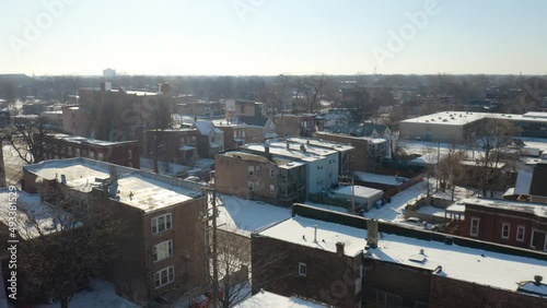Aerial View of Chicago South Side in Winter at Sunrise photo