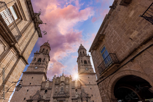 Mexico, Morelia, popular tourist destination Morelia Cathedral on Plaza de Armas in historic center.