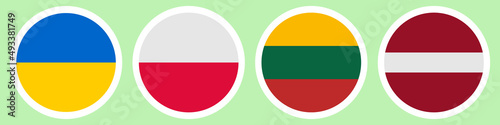 Flags of different countries. A set of stickers on a white backing. Collection of vector icons. Isolated background. Ukraine, Poland, Lithuania, Latvia. National symbol of the state. Political themes.