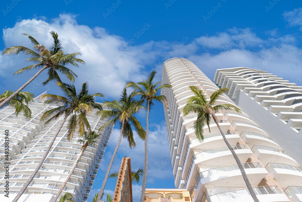 Mexico, Mazatlan ocean views and condominiums near Golden Zone touristic beach and resort zone.