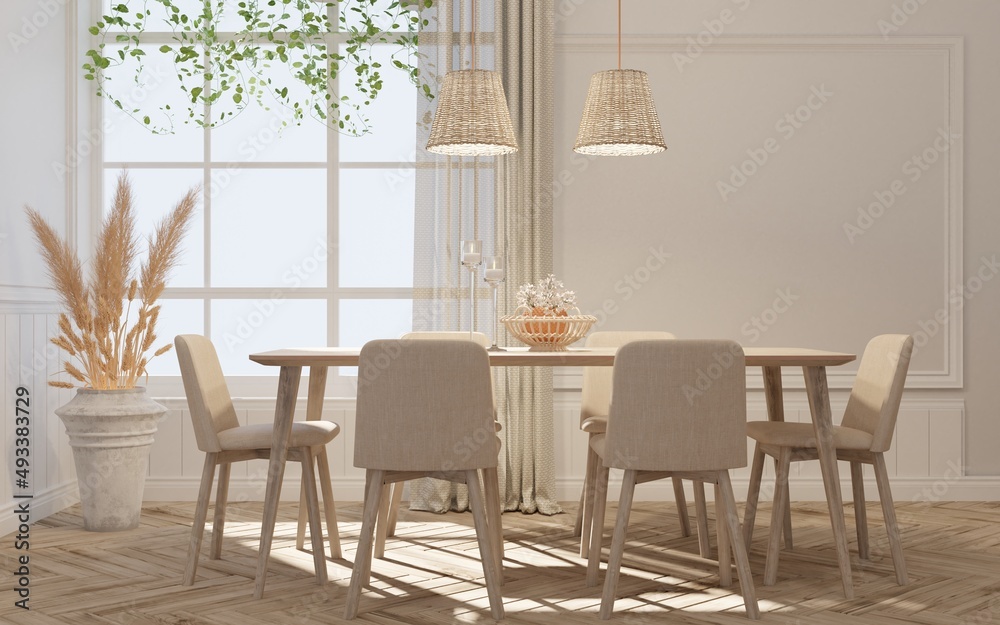 Home interior, cozy modern and minimal style  and dining set with floor wood and rattan lamp. 3d rendering