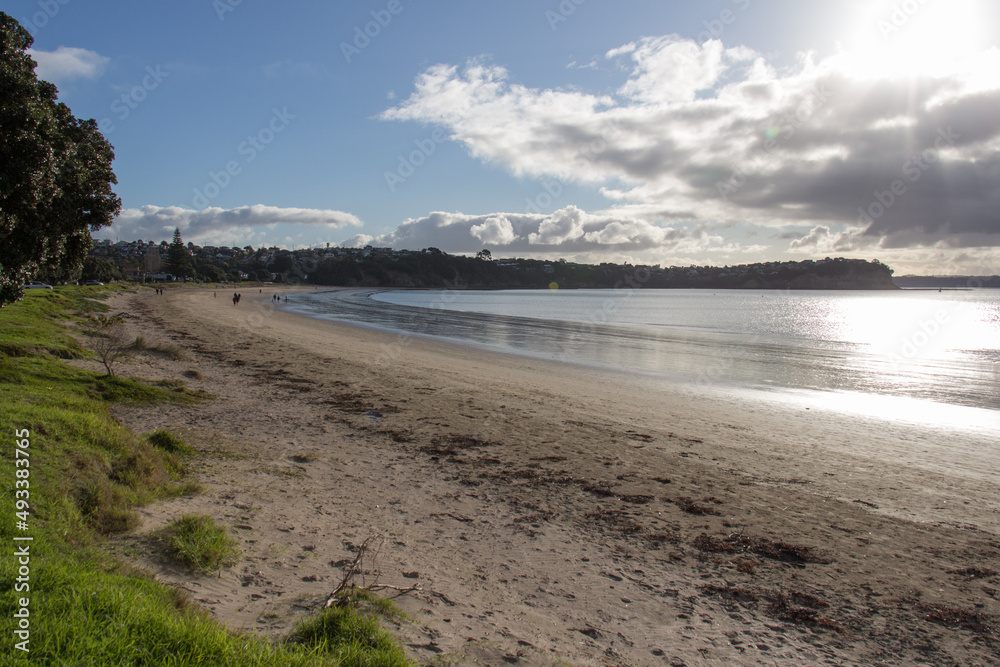 The veiw of picturesque landscape with beach, sea and cloudy sky, Tindalls Beach, New Zealand.