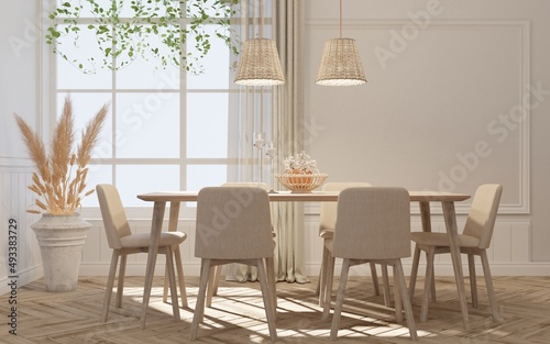 Home interior  cozy modern and minimal style  and dining set with floor wood and rattan lamp. 3d rendering