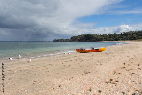 The veiw of picturesque landscape with orange kayak boat at white sand beach, Te Haruhi Bay at Shakespear Regional Park, New Zealand.