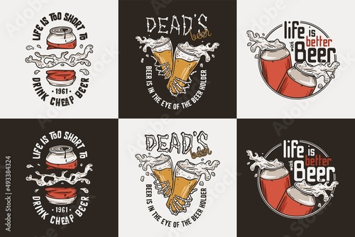 Beer set with can and cheer mug for brewing print. Vector brew design with skeleton and glass for bar