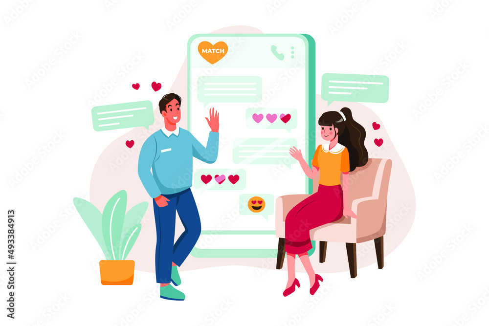 Couple doing virtual date on dating app illustration concept