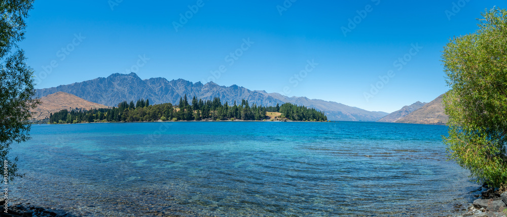 Panoramic View of Lake Wakatipu and the Remarkables from Lake front on a Summers Day in Queenstown New Zealand