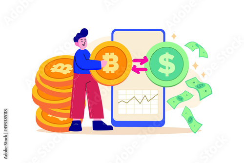 Convert bitcoin to dollar illustration concept. Flat illustration isolated on white background