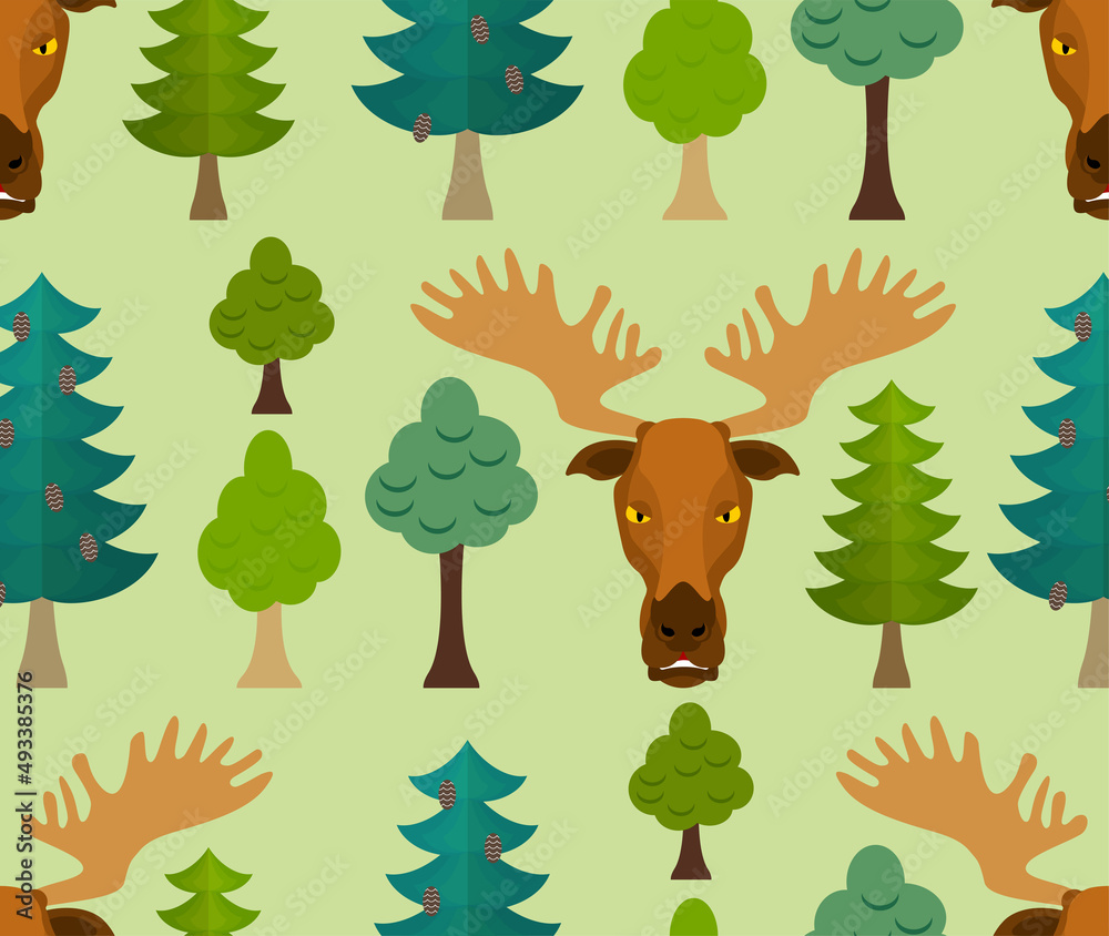 Elk in forest pattern seamless. Deer in forest trees background