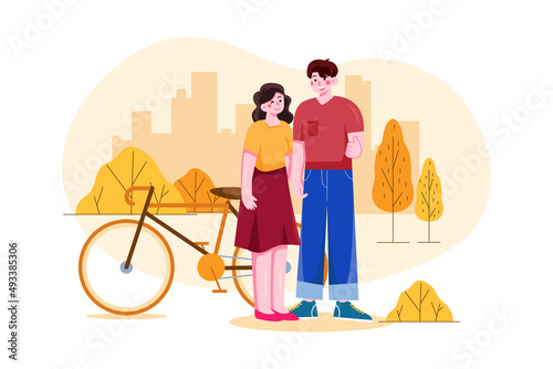 Romantic Couple standing near cycle illustration concept. Flat illustration isolated on white background