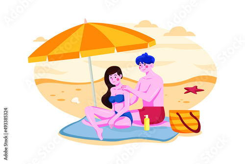 Romantic picnic on beach illustration concept. Flat illustration isolated on white background