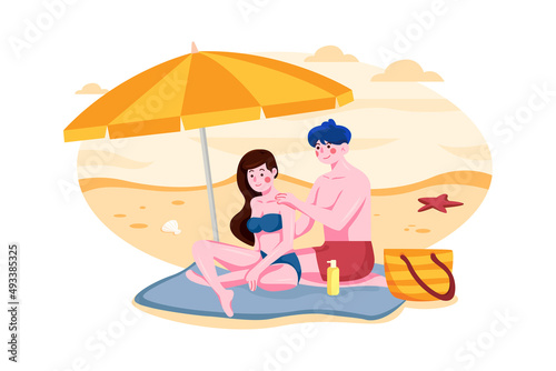 Romantic picnic on beach illustration concept. Flat illustration isolated on white background