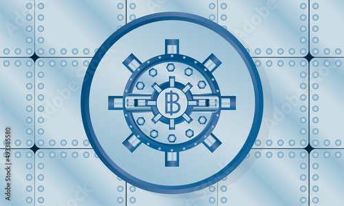 The metallic bank vault door on blue wall background.vault door Flat style business concept. save money and Financial bitcoin or crash cryptocurrency blockchain concept. vector, illustration