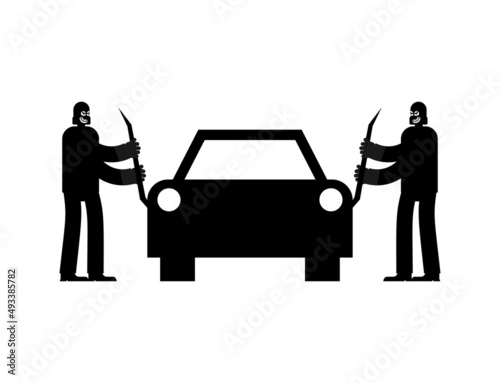 Robbers rob car. Thieves plunder vehicle. sign icon Vector illustration