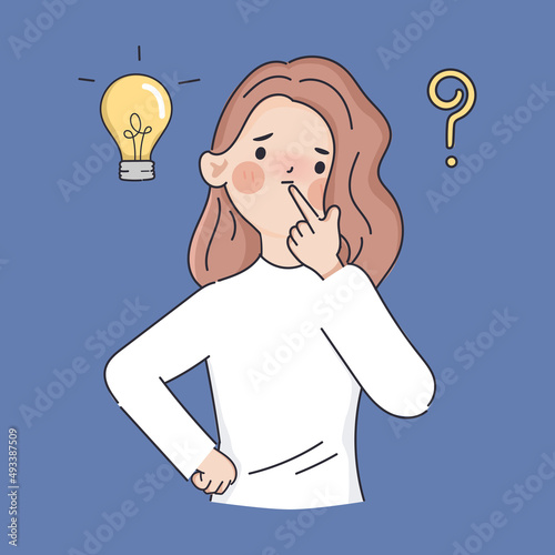Hand drawn clipart woman thinking gesture pose with question mark and lightbulb character.