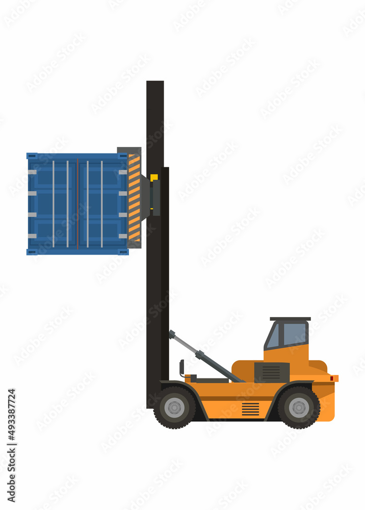 Container forklift lifting container. Simple flat illustration.