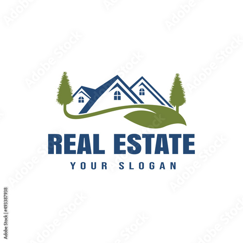 Pine tree house design logo, vector illustration of a pine tree that blends with the image of a house, real estate