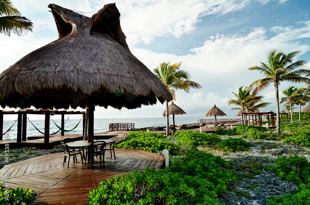 Mexico, Caribbean sea, resort. mayan riviera. Beach, Resort and relaxation in Caribbean. Beautiful seascape, landscape of the Caribbean. Puerto Aventuras