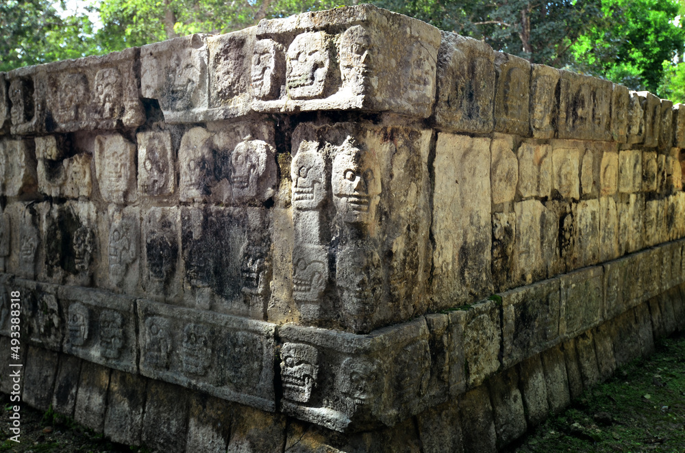 Mayan pyramids, Chichen Itza Mexico, Ritual structures, masks, sacrificial site, ruins
