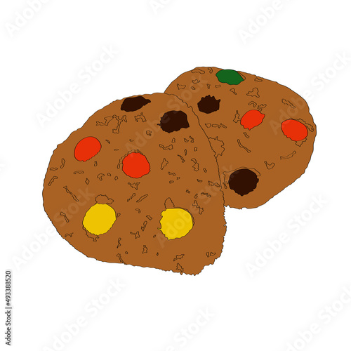 Oatmeal cookies with colored candies vector sketch.