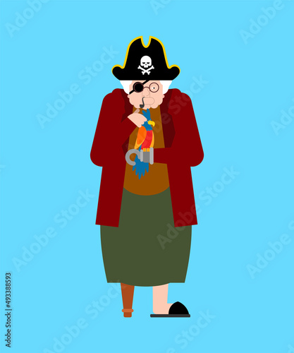 Grandmother Pirate. Grandma filibuster and parrot. Vector illustration