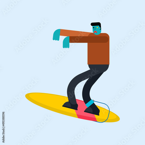 Zombie surfer. Dead man and surfboard. monster and surf