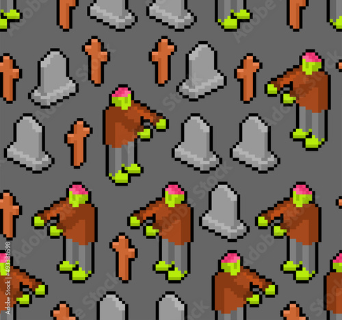 Zombie pixel art pattern seamless. 8 bit Dead man in Cemetery. monster background. pixelated zombi texture