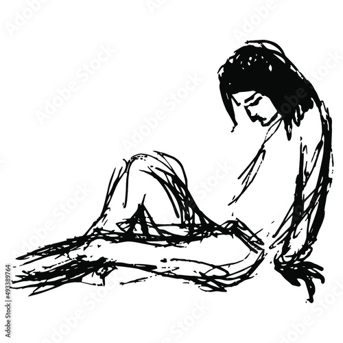 Sad or tired young man sitting on the ground. Romantic hero. Hand drawn linear doodle rough sketch. Black silhouette on white background.