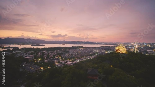 aerial view of ancient architecture on wushan hill near west lake in hangzhou at twilight
 photo
