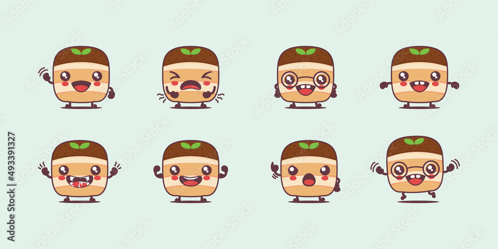 Tiramisu cartoon. vector illustration of italian cake. with different faces and expressions