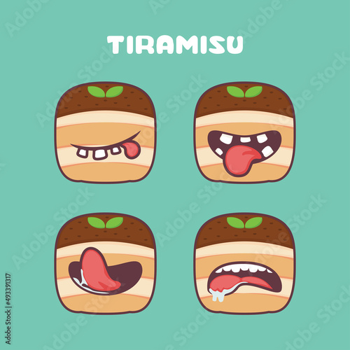 Tiramisu cartoon. vector illustration of italian cake. with different mouth expressions