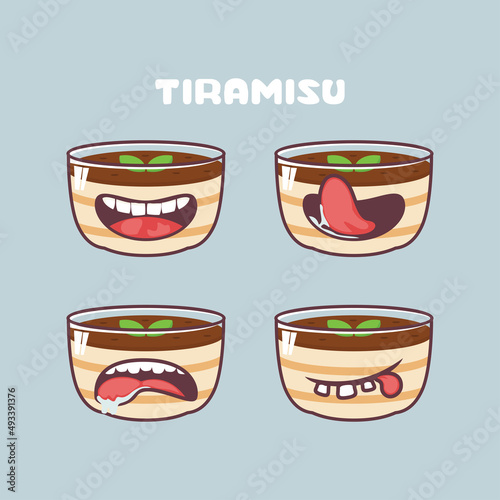 Tiramisu cartoon. vector illustration of italian dessert. with different mouth expressions