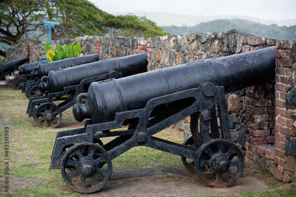 Fort King George Scarborough Tobago  cannons black stone wall  historic