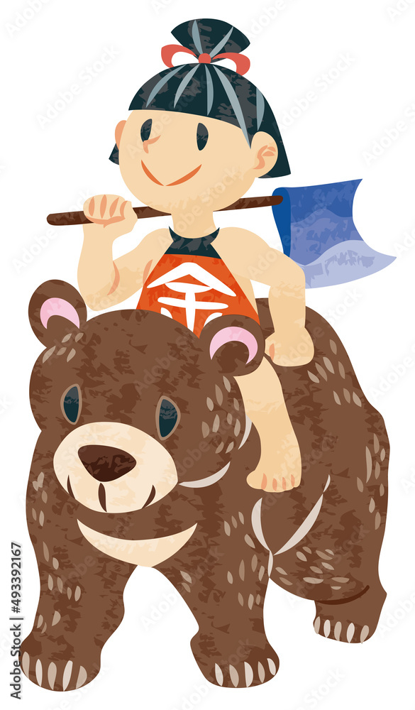 Fototapeta premium 5月 こどもの日 クマに乗った金太郎のイラスト