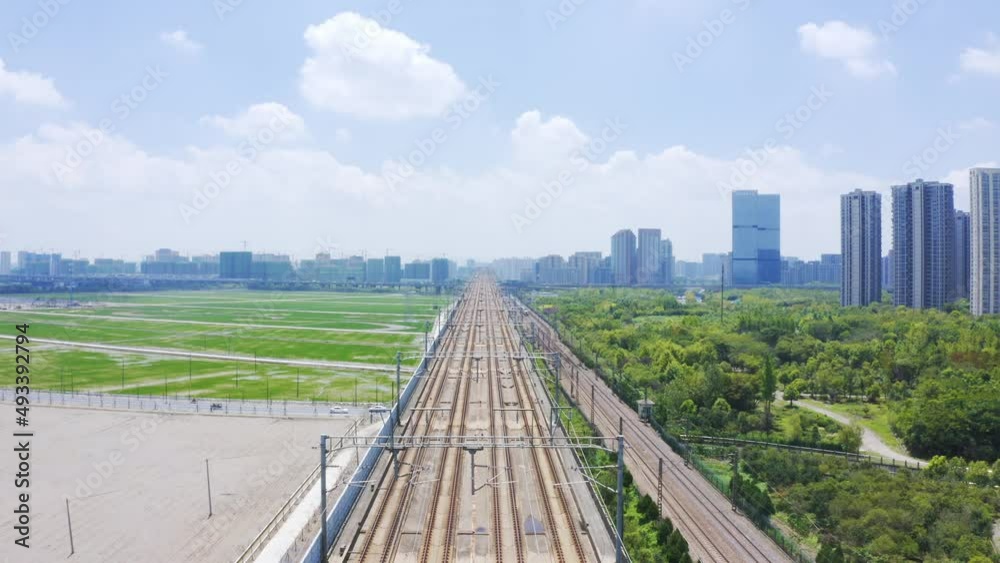 aerial view of high speed train running through hangzhou qianjiang century new city aerial view of high speed train running through hangzhou qianjiang century new city