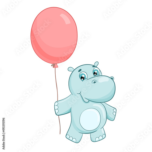 Hand drawn cute hippo with balloon vector illustration. Cartoon animal hippopotamus isolated on white background. Cute baby character for printing, postcards and invitations
