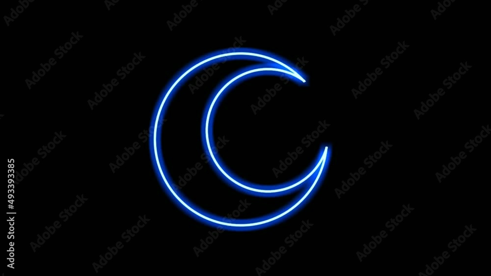Neon sign lights moon shape animation on Black background.Neon light glowing and flikking.4K Neon sign lights moon shape animation on Black background.Neon light glowing and flikking.4K