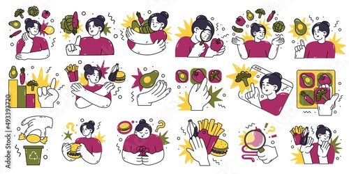 Collection healthy food compositions. Fast-food or vegetables. Choosing the Right Nutrition. Refusal of sweet and junk food. Flat style icons in vector illustration. Isolated elements.