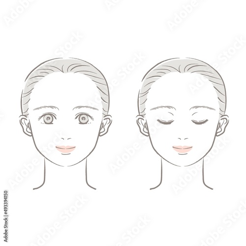 イラスト素材:女性の顔セット（正面/二重/まとめ髪/上半身）やさしい色合いの上品な手描きタッチ 