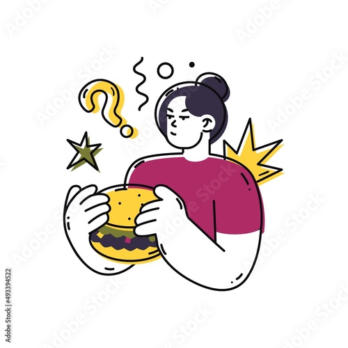 A woman thinks if it is worth eating a burger. Fast-food or healthy food concept. Choosing the Right Nutrition.  Refusal of sweet and junk food. Flat style in vector illustration. Isolated element.