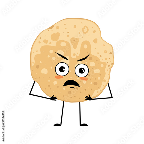 Pancake character with angry emotions, grumpy face, furious eyes, arms and legs. Baking person, homemade pastry with irritated expression. Food emoticon for carnival or Maslenitsa. Vector illustration