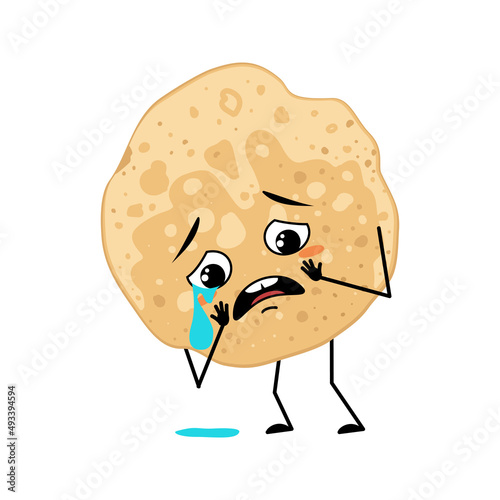 Pancake character with crying and tears emotion, sad face, depressive eyes. Baking person, homemade pastry with melancholy expression. Food emoticon for carnival or Maslenitsa