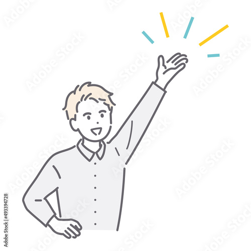 高いところを指す若い男性のイメージイラスト